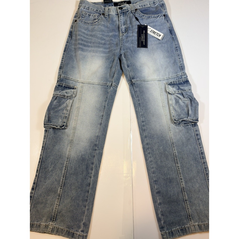 True Luck Men's Relaxed Bootcut Cargo Jeans W32 L32 Light Wash New